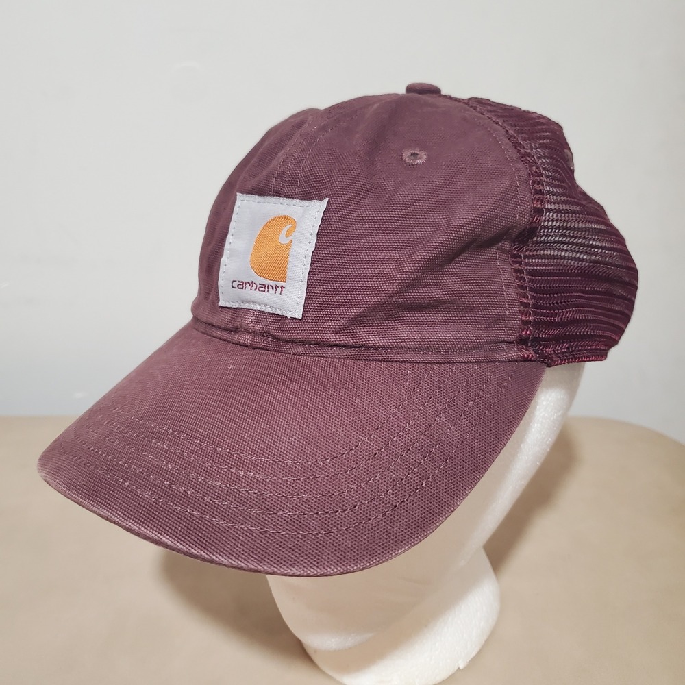 Carhartt Mens Canvas Mesh Back Trucker Hat Burgundy Snapback Logo Patch Cap